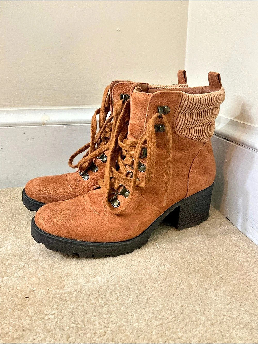 Ankle Boots Brown US 9 M lace up corduroy faux suede